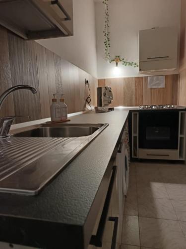a kitchen with a sink and a microwave at Villa Calcerame in Montelepre