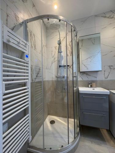 une douche en verre dans une salle de bain avec un lavabo dans l'établissement Studio Prestige Paris Porte de Versailles, à Vanves