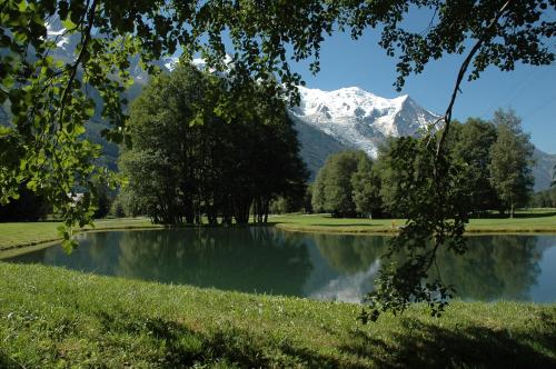 a lake with a snow covered mountain in the background at Hôtel Le Labrador in Chamonix-Mont-Blanc