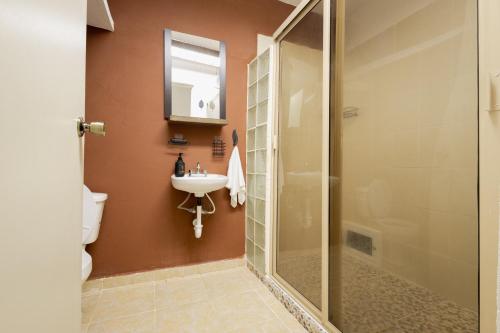 a bathroom with a shower and a sink at Habitación compartida en el Centro de Cancún in Cancún