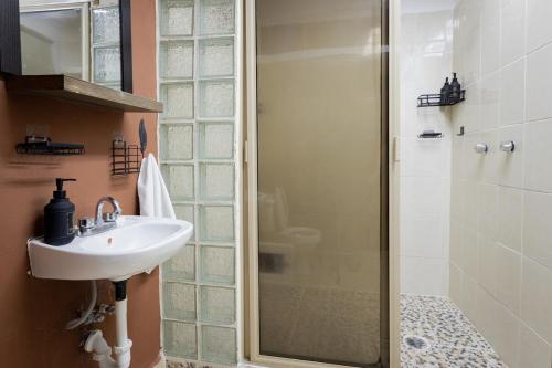 a bathroom with a sink and a shower at Habitación compartida en el Centro de Cancún in Cancún