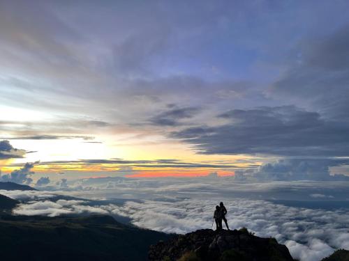 a person standing on top of a mountain above the clouds at Padi Bungalow in Tetebatu