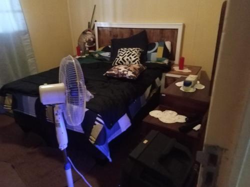 a bedroom with a bed with a fan on it at house no 672 simile sabie location in Vosburg