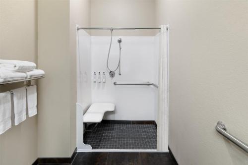 a bathroom with a shower with a sink and a toilet at Best Western Premier Crown Chase Inn & Suites in Denton
