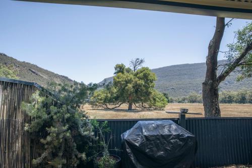 a view from the backyard of a house with a fence and trees at Halls Gap Escape Townhouses in Halls Gap