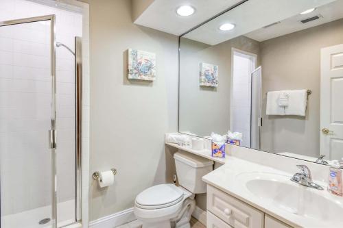 a bathroom with a toilet and a sink and a shower at Luxury 4-BR-BBQ-waterview-screened lanai-wood floors 211 in Saint Augustine