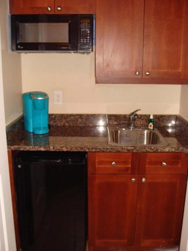 a kitchen counter with a sink and a microwave at 2 BR Secluded patio with courtyard 5107P2 in Saint Augustine