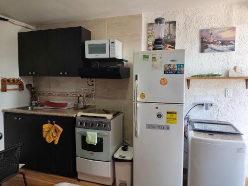 a kitchen with a white refrigerator and a microwave at Anexo independiente y privado totalmente amueblado muy lindo y acogedor en chanis cerca de Costa del este y el mall santa María plaza in Panama City