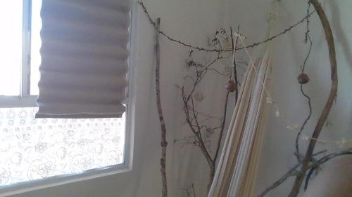 a window with a curtain and a plant in a room at Hippie Artisan Jungle Flat Pool in Tulum