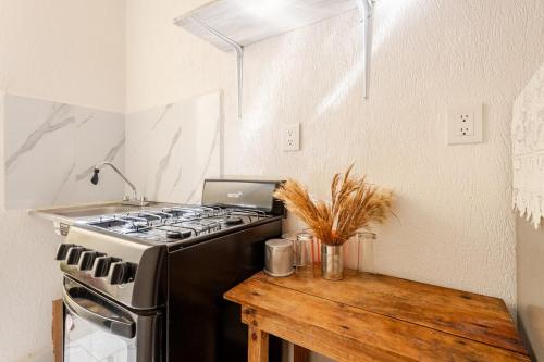 a kitchen with a stove and a wooden table at Hippie Artisan Jungle Flat Pool in Tulum