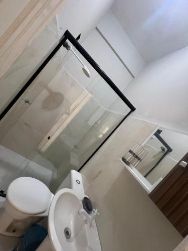 ein Badezimmer mit einem weißen WC und einer Glaswand in der Unterkunft Orla Flats - Apartamento 01 in Bragança