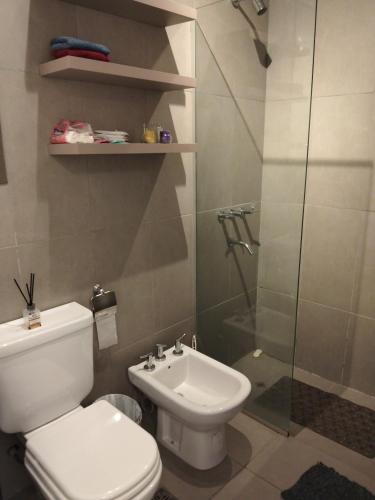 a bathroom with a toilet and a shower and a sink at Dpto San Javier in Yerba Buena