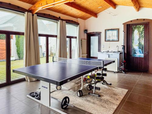 a ping pong table in a room with windows at Authentic house with playroom and infrared sauna in Bilzen