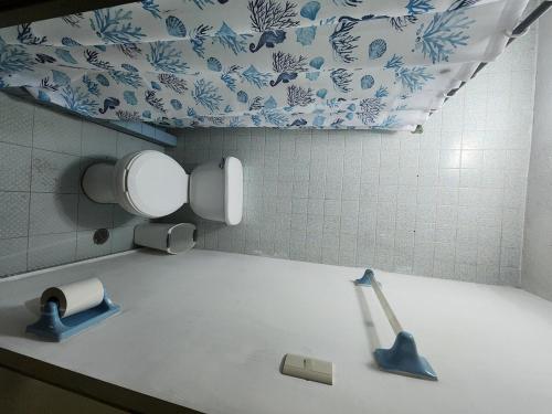 a bathroom with a toilet with a mirror and a sink at Your charming vacation home, all to yourself! in Monterrey