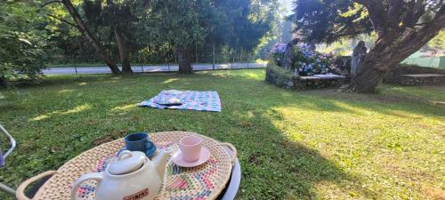 a table with a tea set on it in the grass at Il Giardino delle Tre Veneri in Barzio