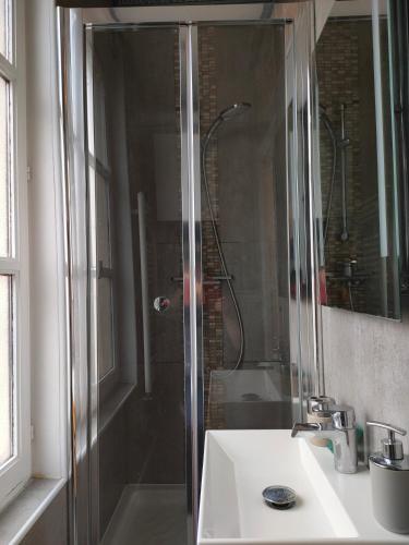 une douche avec une porte vitrée à côté d'un lavabo dans l'établissement Appartement Cosy avec jardinet, à Dieppe
