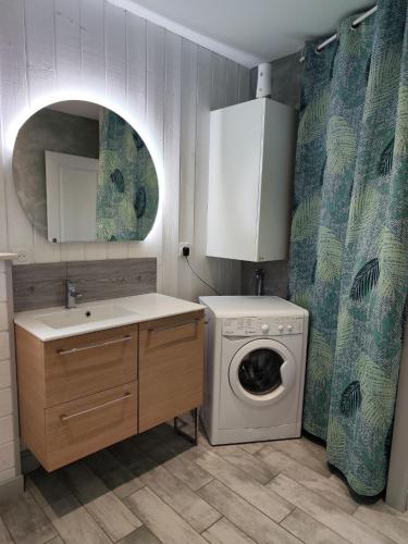 une salle de bain avec une machine à laver et un lavabo dans l'établissement Maison Papillon piscine couverte, à Grayan-et-lʼHôpital