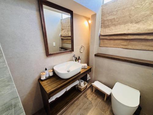 a bathroom with a sink and a toilet and a mirror at Casa Cara in Birgu