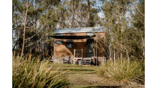 a tiny house in the woods with a porch at Banyula Cove by Tiny Away in Barnes Bay