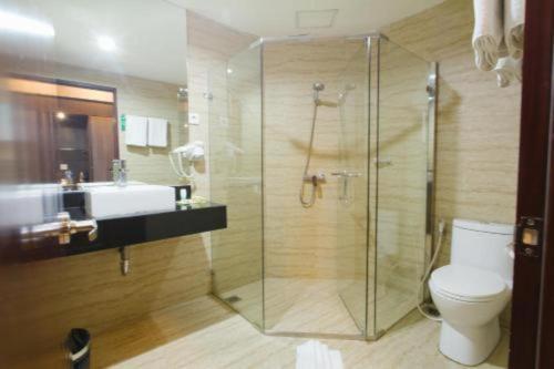 a bathroom with a shower and a toilet and a sink at Hermes Palace Hotel Medan in Medan