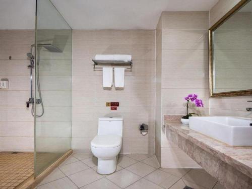 a bathroom with a toilet and a sink and a shower at Vienna Hotel Hangzhou Binkang Road Metro Station in Hangzhou