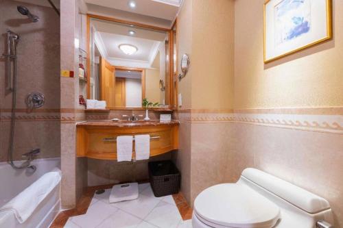 a bathroom with a toilet and a sink and a mirror at Regency Hotel in Shantou