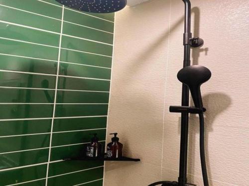 a shower in a bathroom with a green wall at GreenTree Inn Ganzhou Gan County Bus Station in Ganzhou