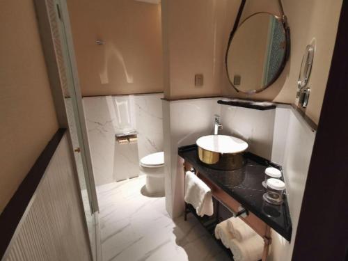 a bathroom with a sink and a toilet and a mirror at Jinjiang Metropolo Shanghai Minhang in Shanghai