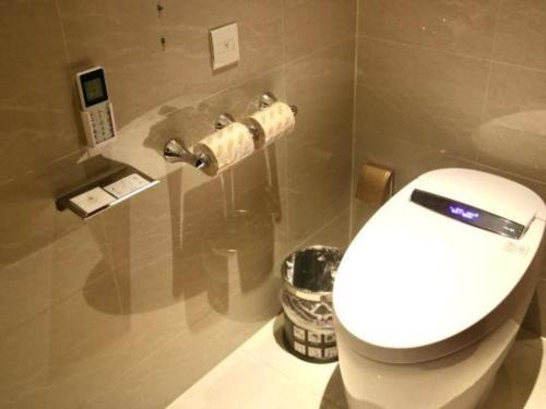 a bathroom with a white toilet in a stall at Jinjiang Metropolo Shanghai Minhang in Shanghai