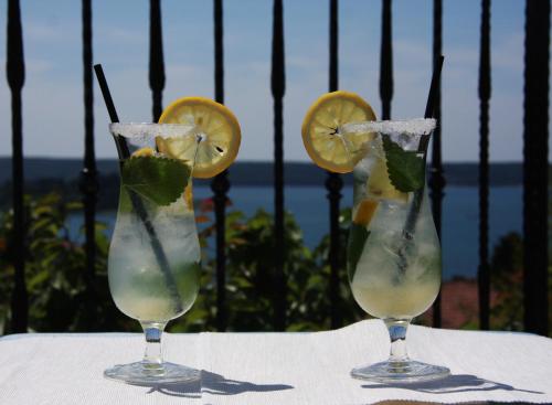 two cocktails on a table with lemon and lime at Apartment Vrenjak in Portorož