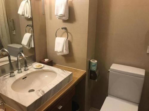 a bathroom with a sink and a toilet at Jianguo Garden Hotel in Beijing