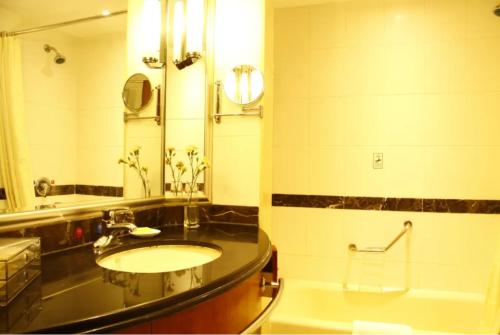a bathroom with a sink and a large mirror at Jianguo Garden Hotel in Beijing