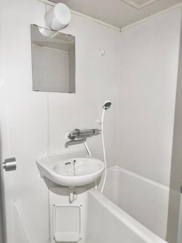 un bagno bianco con lavandino e specchio di Cozy private apartment between Osaka and Kyoto a Hirakata