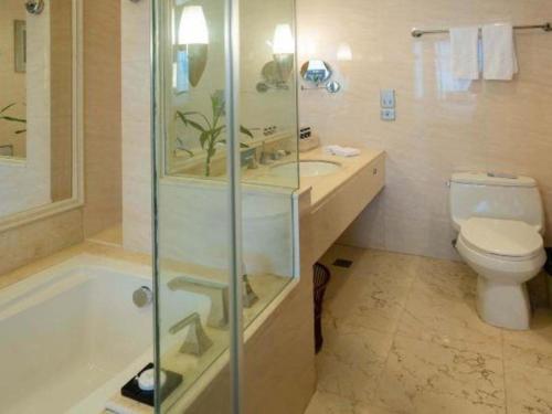 a bathroom with a shower and a toilet and a sink at Putian Haiyuan International Hotel in Putian