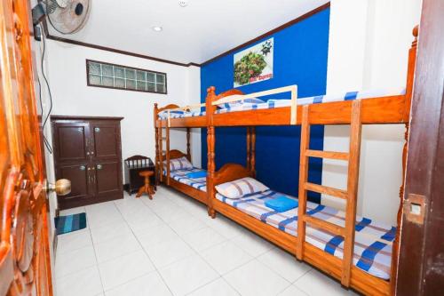 a bedroom with two bunk beds with blue walls at Mayon Backpackers Hostel in Legazpi