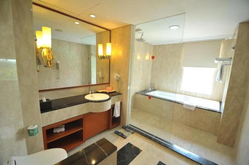 a bathroom with a sink and a large mirror at Labersa Grand Hotel &Convention Center in Pekanbaru