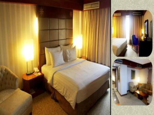 two pictures of a hotel room with a bed and a couch at Labersa Grand Hotel &Convention Center in Pekanbaru