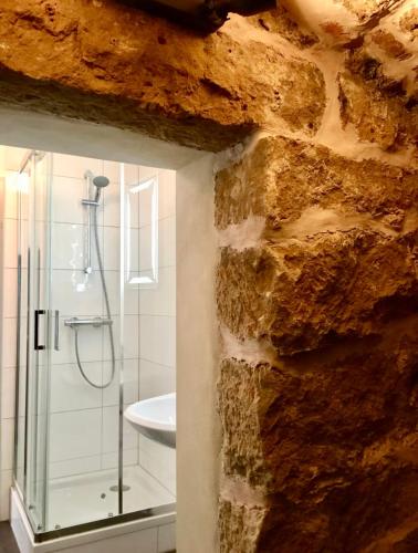 a bathroom with a glass shower and a stone wall at Charmante Ferienwohnung 1 im Schmöllerhäuschen in Stadt Wehlen