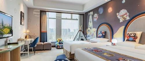 a hotel room with two beds and a large window at New Century Grand Hotel Zhuji Yaojiang in Shaoxing