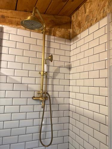 une douche dans une salle de bain avec du carrelage blanc dans l'établissement Le Cabanon d 'Aix, à Aix-en-Provence