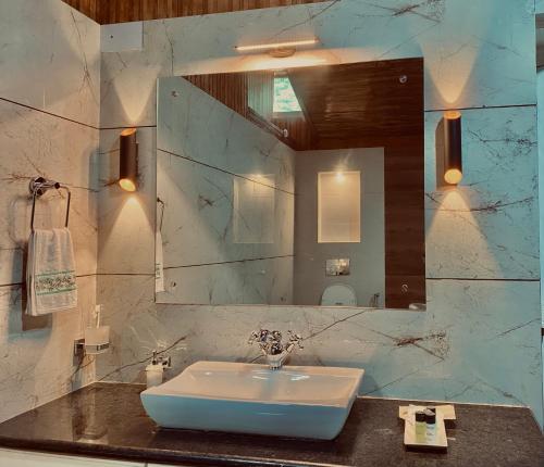 a bathroom with a sink and a mirror at Maharanee Bungalow Darjeeling in Darjeeling