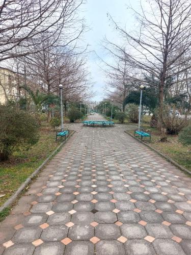 a cobblestone street with two benches in a park at квартира in Poti