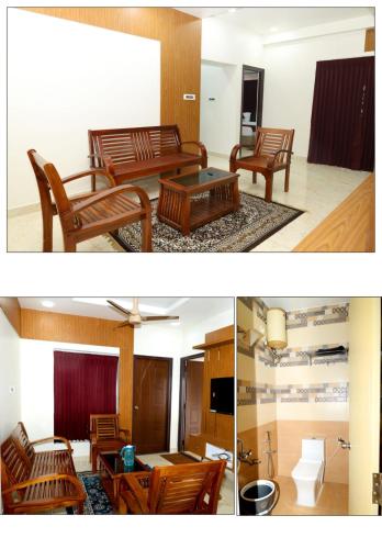 two pictures of a living room with wooden furniture at Sendhuran Residence in Tiruchchirāppalli