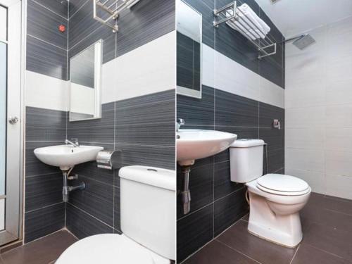 two pictures of a bathroom with a toilet and sink at Hotel Aromas Kulai in Johor Bahru