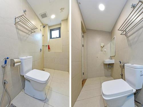 two pictures of a bathroom with a toilet and a sink at Capital O 90574 Hotel Glo in Kuala Lumpur