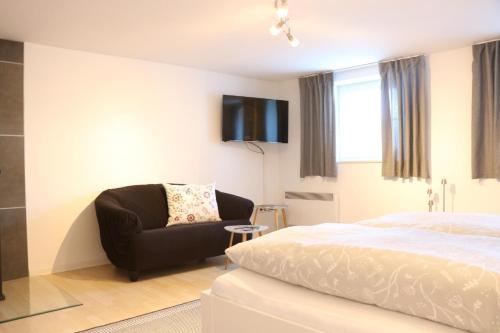 a bedroom with a bed and a chair and a television at Ferienwohnung Weiss in Thyrnau in Thyrnau