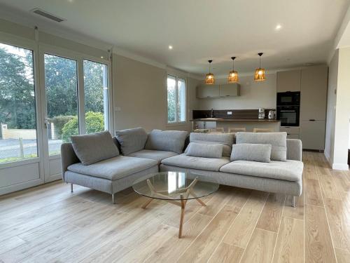 un salon avec un canapé et une table dans l'établissement Le 102 - Cozy, quiet one-story house in Mées, à Mées