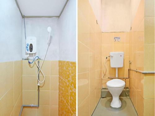 two pictures of a bathroom with a toilet and a shower at OYO 90535 Wakaf Bharu Inn in Kota Bharu