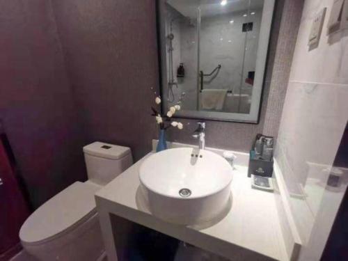 a bathroom with a sink and a toilet and a mirror at Magnotel Shenyang Consulate Qingnian Street in Shenyang