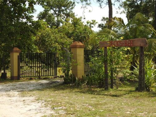 a gate with graffiti on it next to a fence at Becks Bed & Breakfast in Crooked Tree